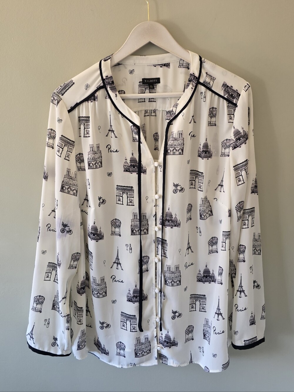 NWOT Talbots XL Contemporary Parisian Dainty Feminine Paris Print Chiffon Blouse